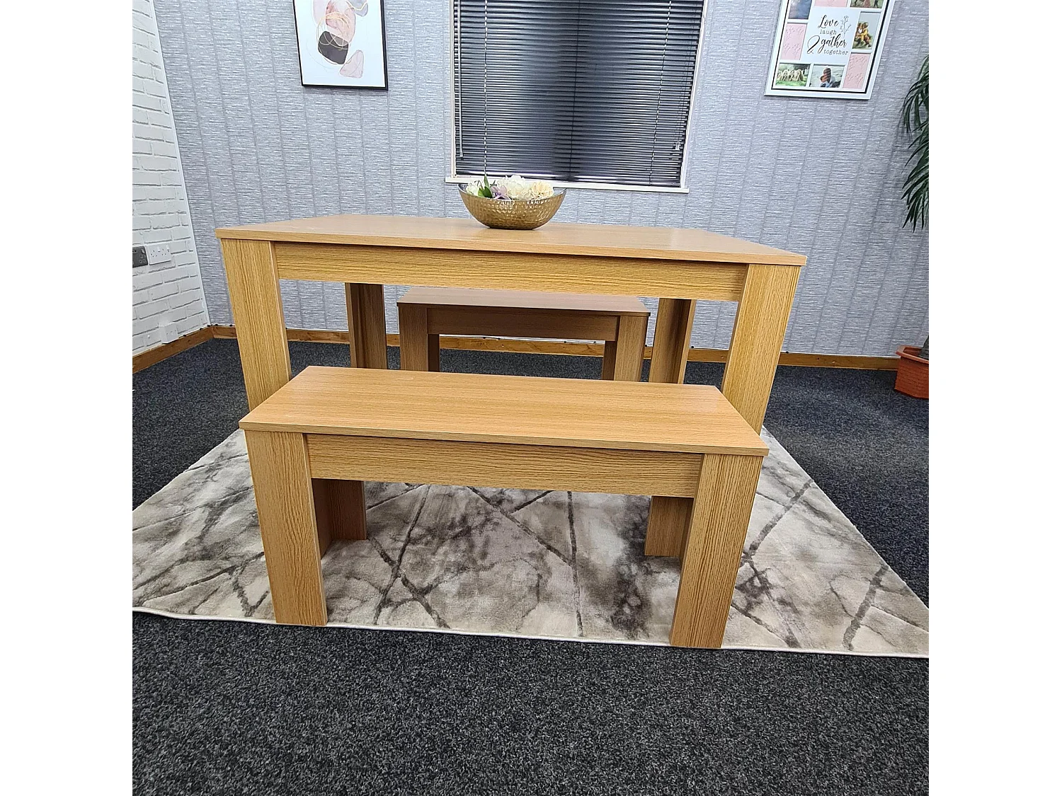 KOSY KOALA 4 Seater Dining Table Set with 2 Benches Light Wood Effect Modern Rectangular Dining Table 140 cm x 80 cm x 75 cm