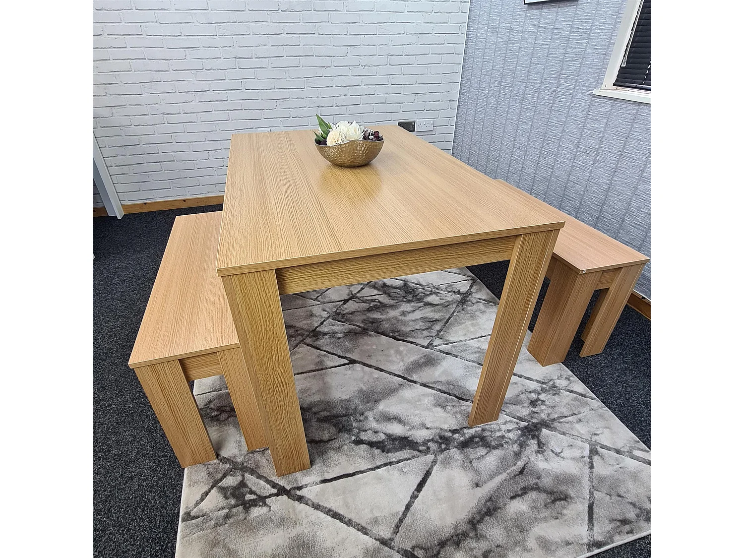 KOSY KOALA 4 Seater Dining Table Set with 2 Benches Light Wood Effect Modern Rectangular Dining Table 140 cm x 80 cm x 75 cm