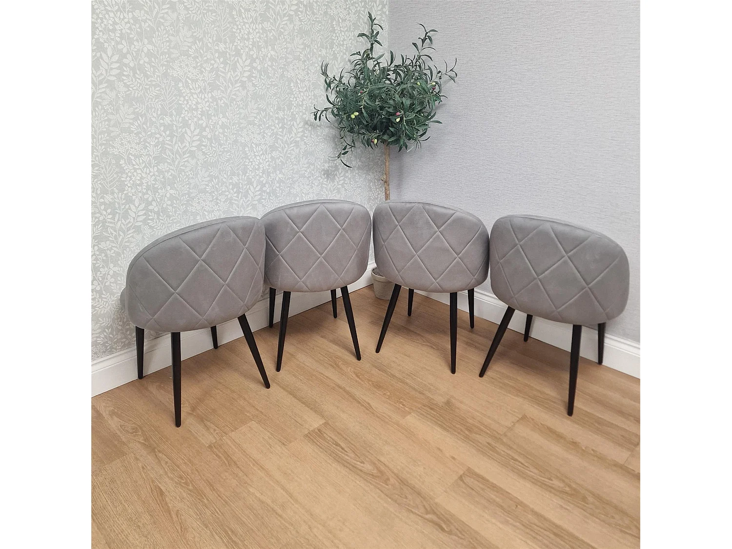 Light Stone Grey Effect Dining Table Set with 4 Grey Velvet Chairs & Bench