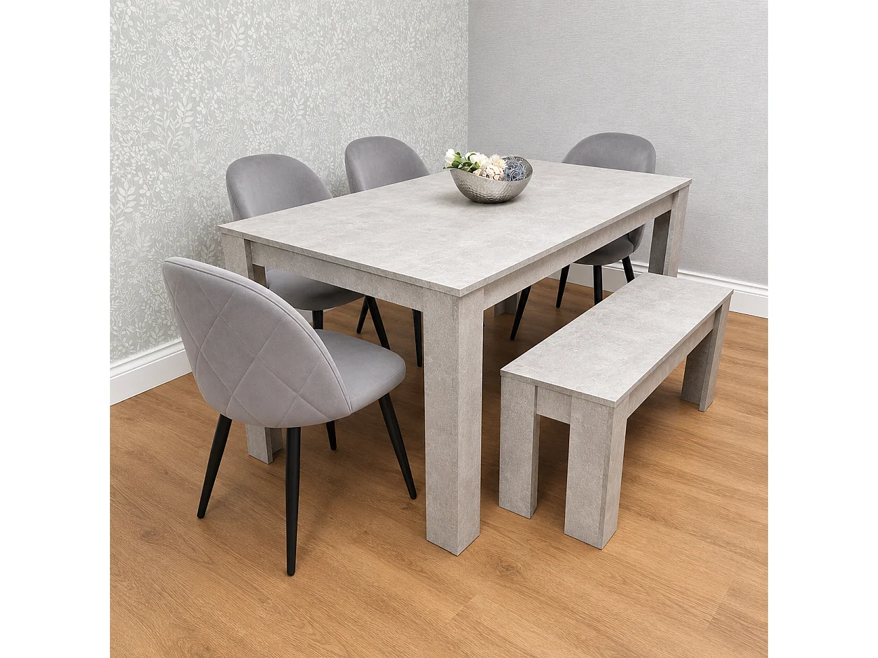 Light Stone Grey Effect Dining Table Set with 4 Grey Velvet Chairs & Bench