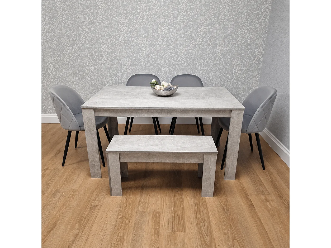 Light Stone Grey Effect Dining Table Set with 4 Grey Velvet Chairs & Bench