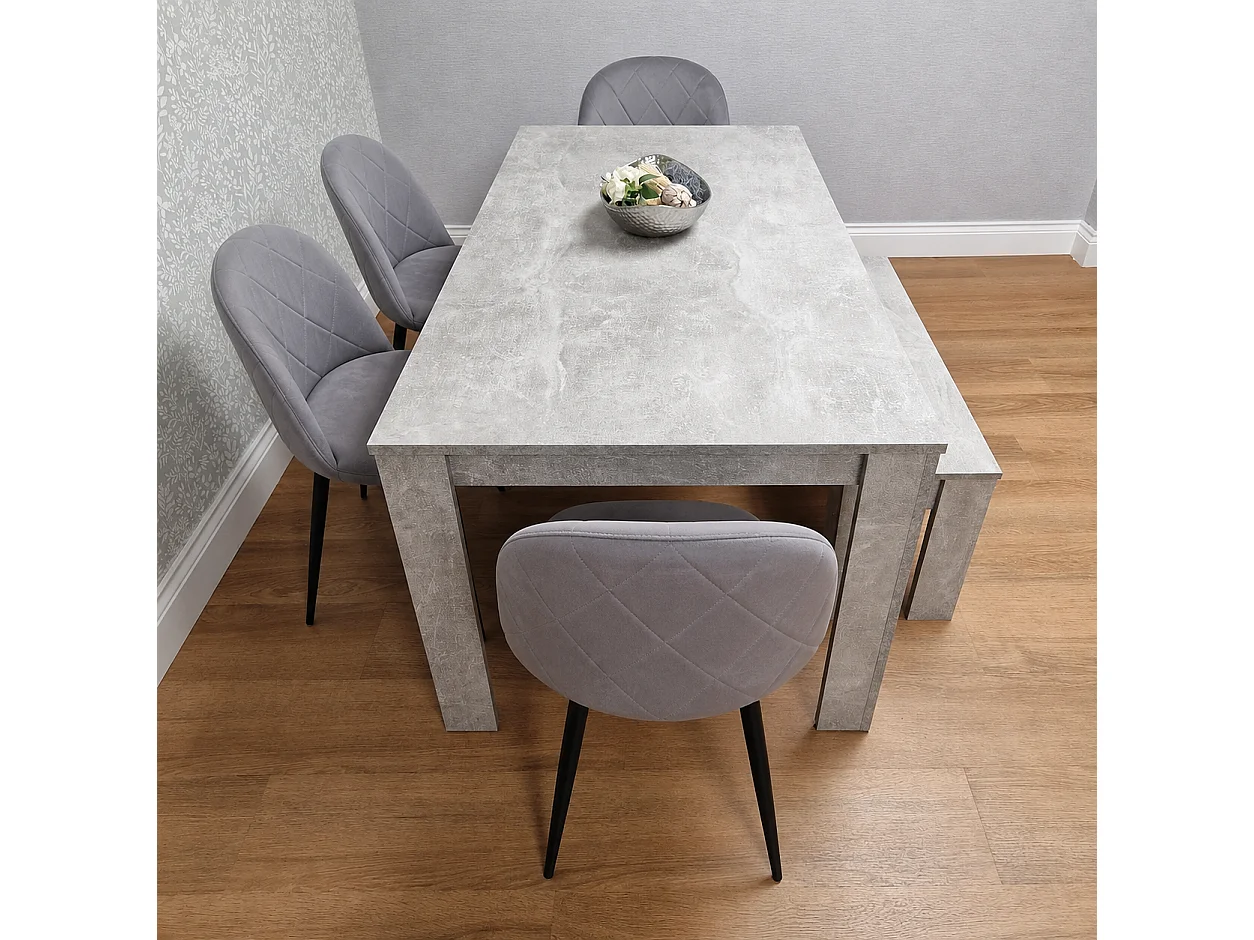 Light Stone Grey Effect Dining Table Set with 4 Grey Velvet Chairs & Bench