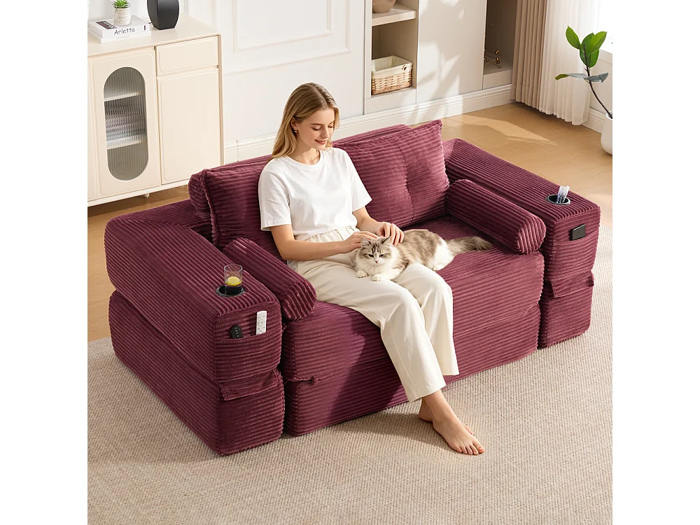 Canapé convertible en velours côtelé 2 places avec fonction lit, ressorts ensachés, mousse à mémoire de forme, poches et porte-gobelets