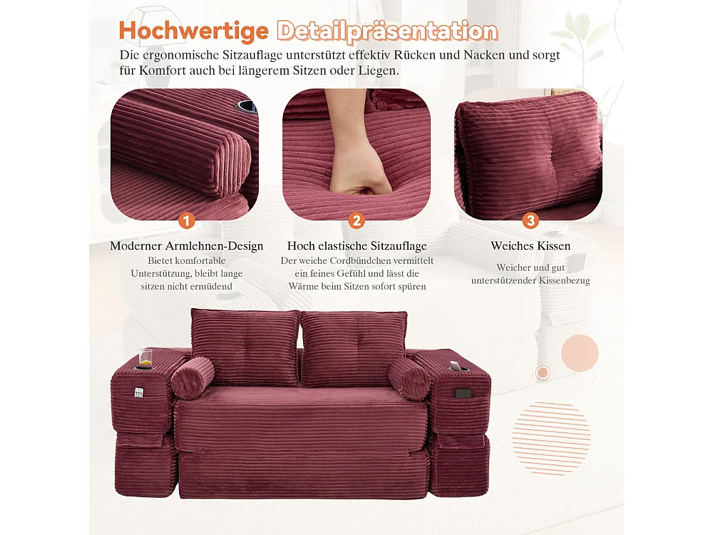 Canapé convertible en velours côtelé 2 places avec fonction lit, ressorts ensachés, mousse à mémoire de forme, poches et porte-gobelets