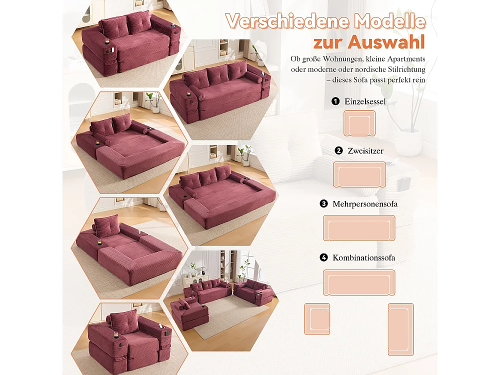 Canapé convertible en velours côtelé 2 places avec fonction lit, ressorts ensachés, mousse à mémoire de forme, poches et porte-gobelets
