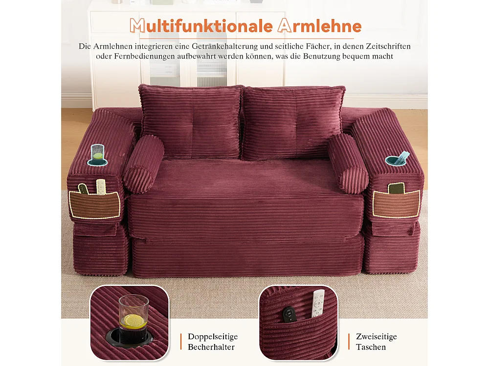 Canapé convertible en velours côtelé 2 places avec fonction lit, ressorts ensachés, mousse à mémoire de forme, poches et porte-gobelets
