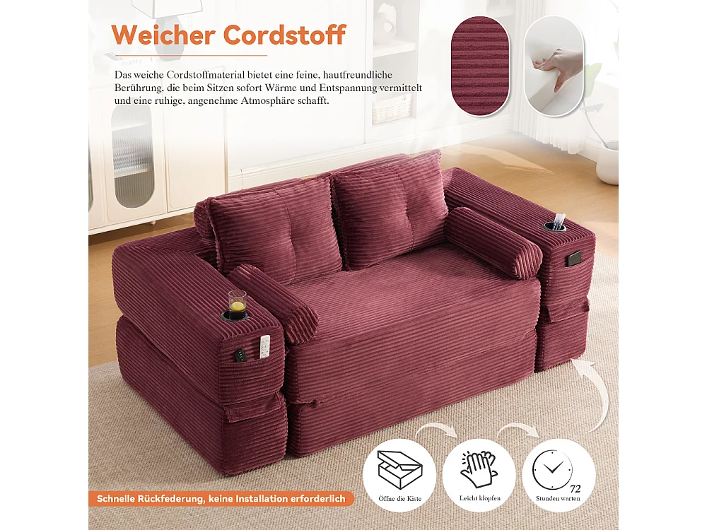 Canapé convertible en velours côtelé 2 places avec fonction lit, ressorts ensachés, mousse à mémoire de forme, poches et porte-gobelets