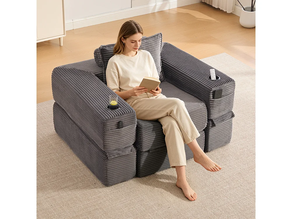 Canapé convertible en velours côtelé avec ressorts ensachés et mousse à mémoire de forme, canapé pliant avec porte-gobelets et poche latérale