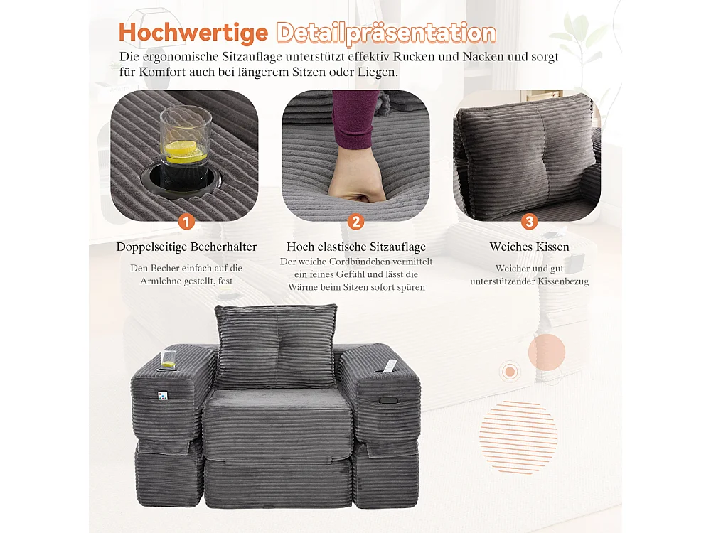 Canapé convertible en velours côtelé avec ressorts ensachés et mousse à mémoire de forme, canapé pliant avec porte-gobelets et poche latérale