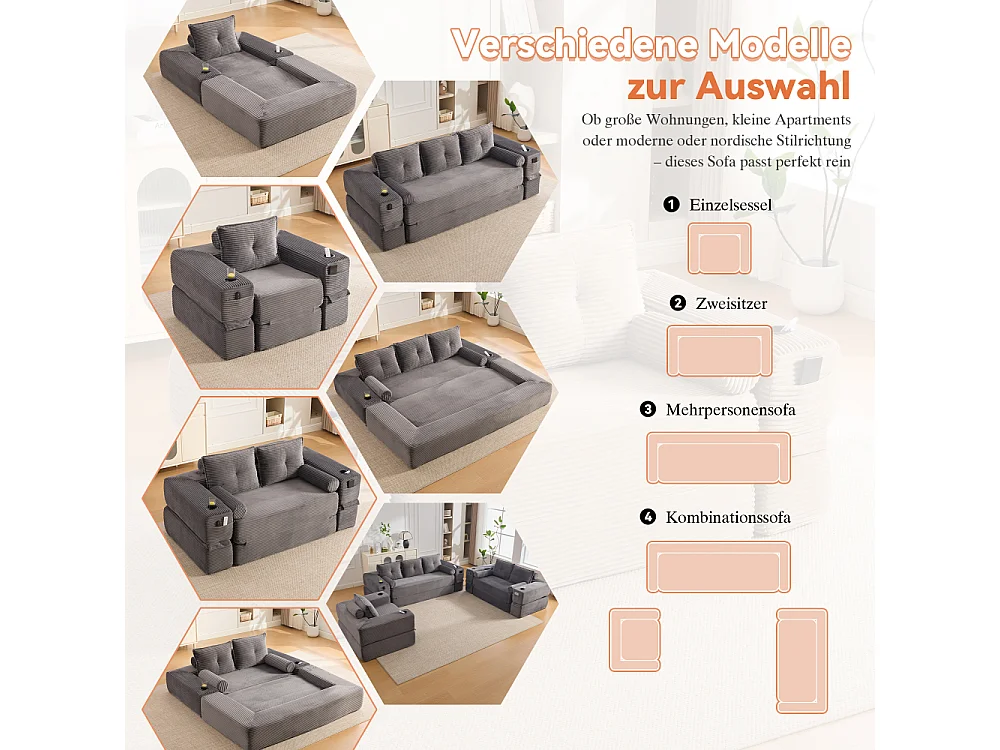 Canapé convertible en velours côtelé avec ressorts ensachés et mousse à mémoire de forme, canapé pliant avec porte-gobelets et poche latérale