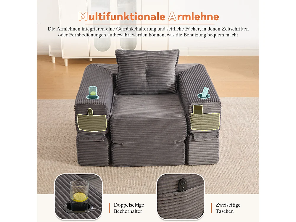 Canapé convertible en velours côtelé avec ressorts ensachés et mousse à mémoire de forme, canapé pliant avec porte-gobelets et poche latérale