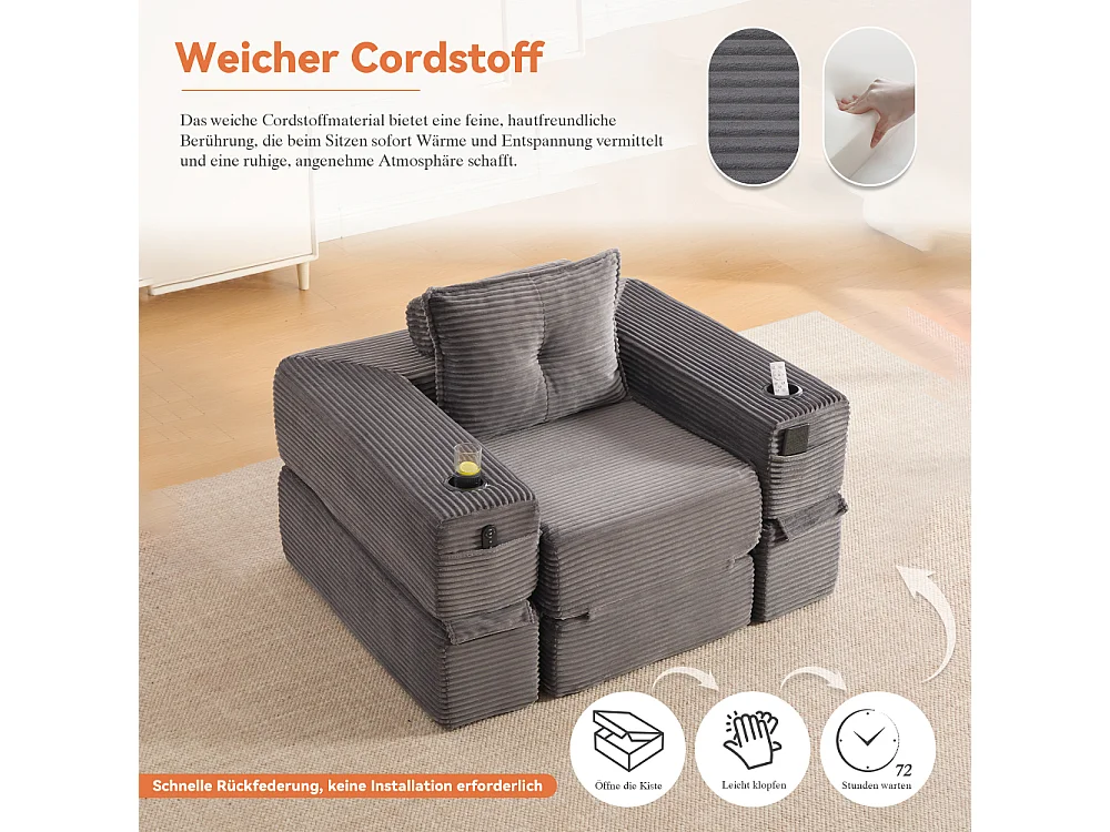 Canapé convertible en velours côtelé avec ressorts ensachés et mousse à mémoire de forme, canapé pliant avec porte-gobelets et poche latérale