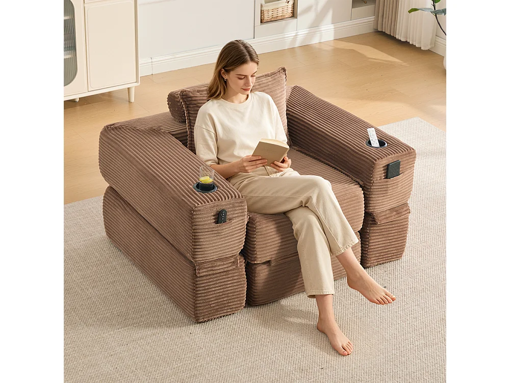 Canapé convertible en velours côtelé avec ressorts ensachés et mousse à mémoire de forme, canapé pliant avec porte-gobelets et poche latérale