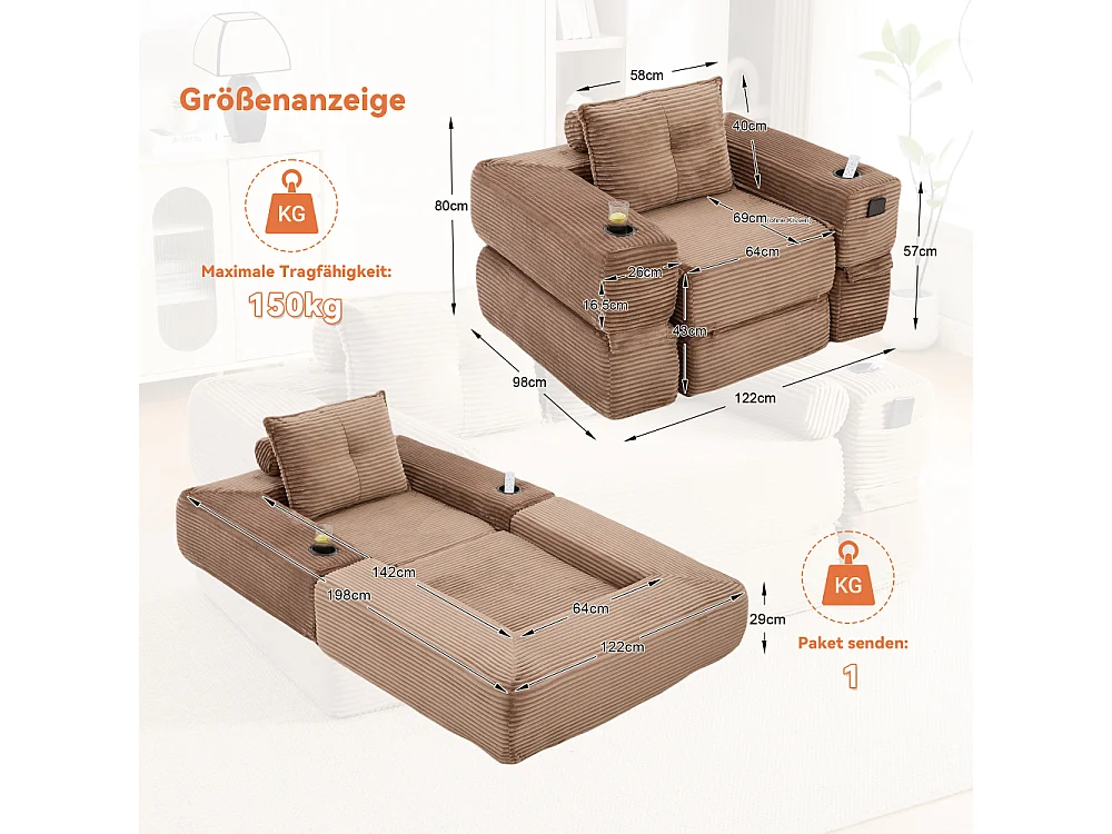 Canapé convertible en velours côtelé avec ressorts ensachés et mousse à mémoire de forme, canapé pliant avec porte-gobelets et poche latérale