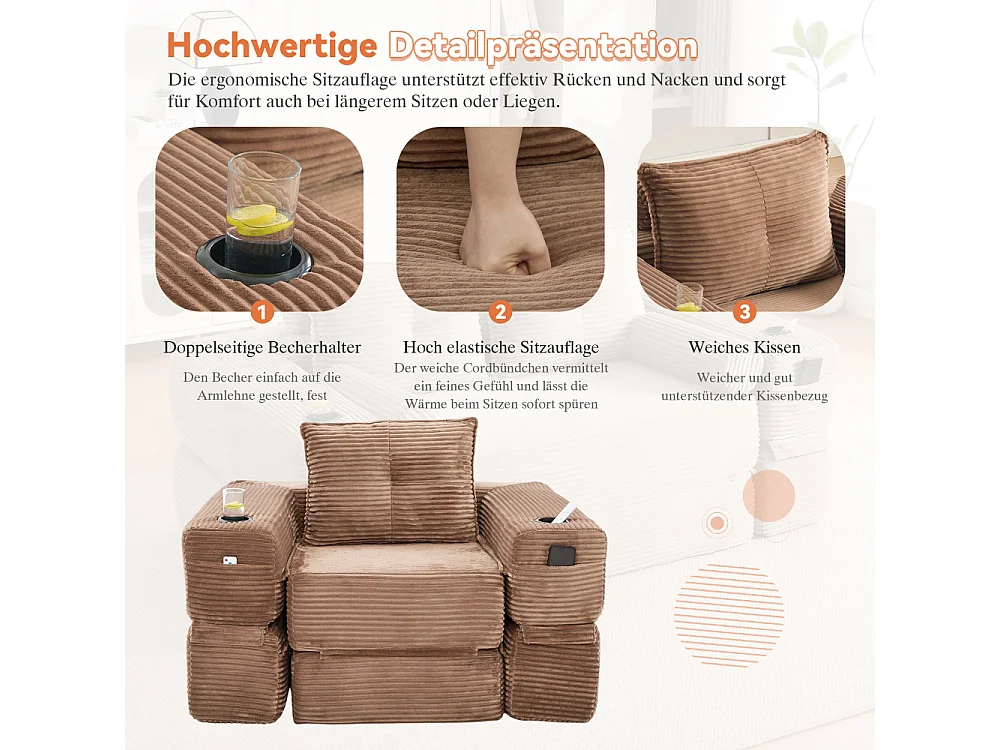 Canapé convertible en velours côtelé avec ressorts ensachés et mousse à mémoire de forme, canapé pliant avec porte-gobelets et poche latérale