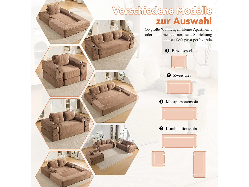 Canapé convertible en velours côtelé avec ressorts ensachés et mousse à mémoire de forme, canapé pliant avec porte-gobelets et poche latérale