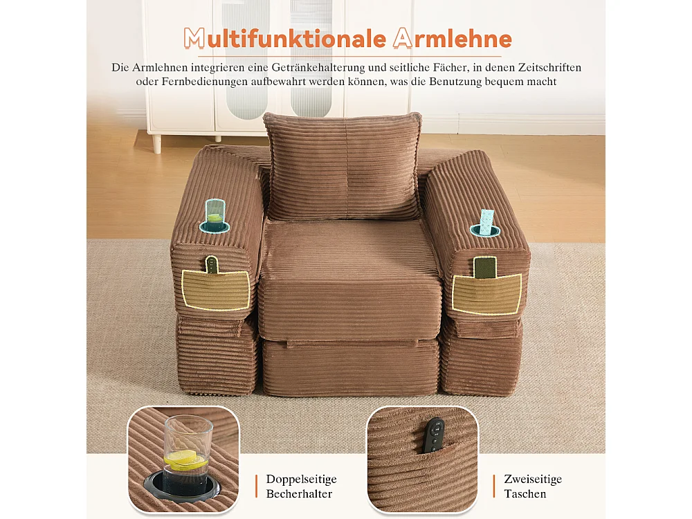 Canapé convertible en velours côtelé avec ressorts ensachés et mousse à mémoire de forme, canapé pliant avec porte-gobelets et poche latérale