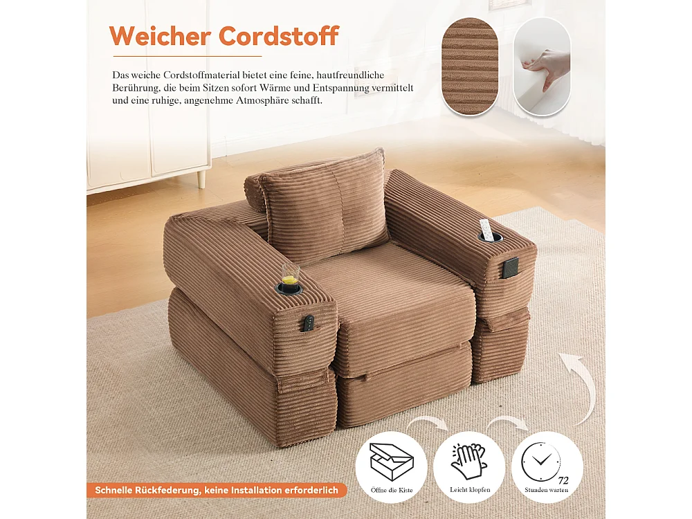 Canapé convertible en velours côtelé avec ressorts ensachés et mousse à mémoire de forme, canapé pliant avec porte-gobelets et poche latérale