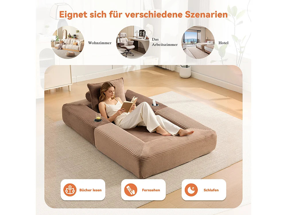 Canapé convertible en velours côtelé avec ressorts ensachés et mousse à mémoire de forme, canapé pliant avec porte-gobelets et poche latérale