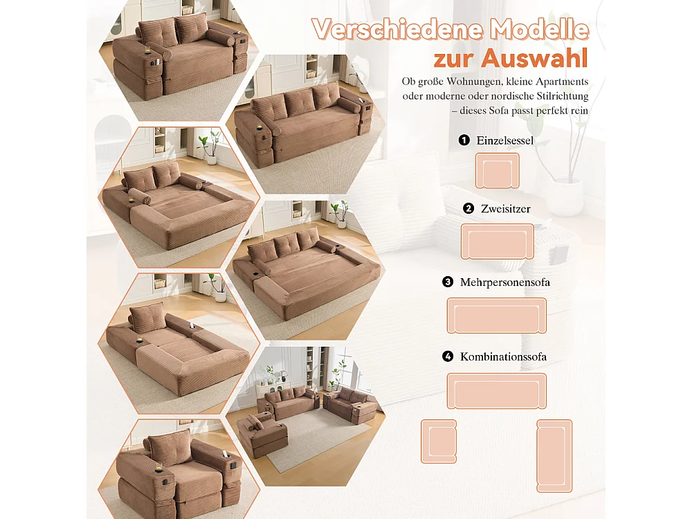 Canapé convertible en velours côtelé 2 places avec fonction lit, ressorts ensachés, mousse à mémoire de forme, poches et porte-gobelets