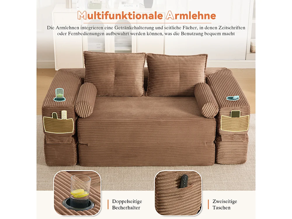 Canapé convertible en velours côtelé 2 places avec fonction lit, ressorts ensachés, mousse à mémoire de forme, poches et porte-gobelets
