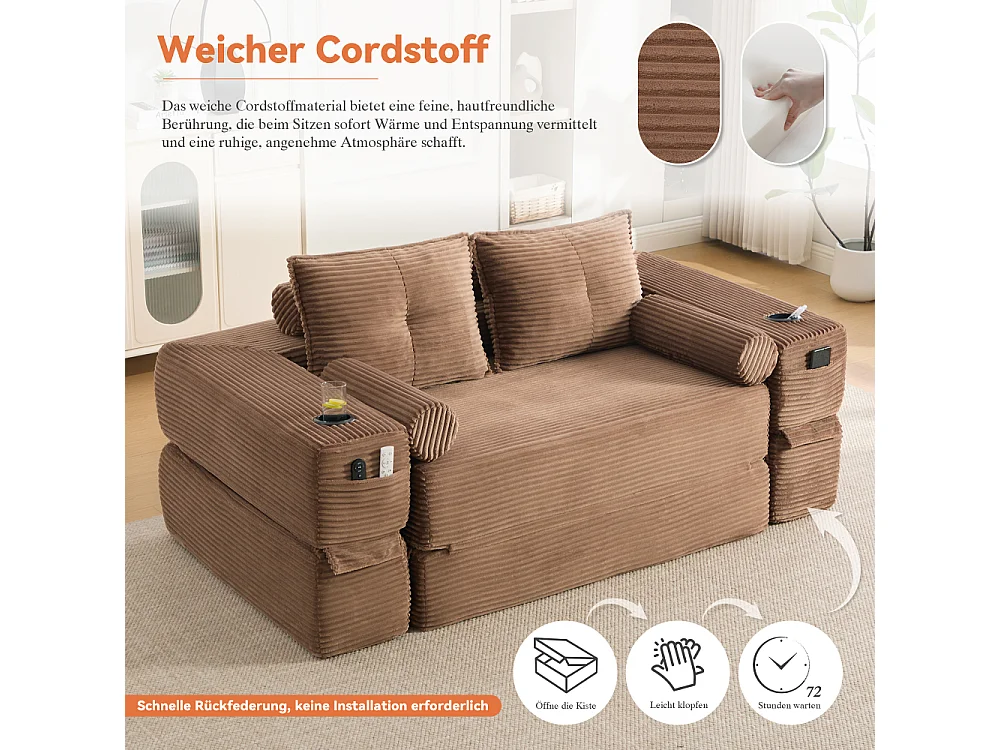 Canapé convertible en velours côtelé 2 places avec fonction lit, ressorts ensachés, mousse à mémoire de forme, poches et porte-gobelets