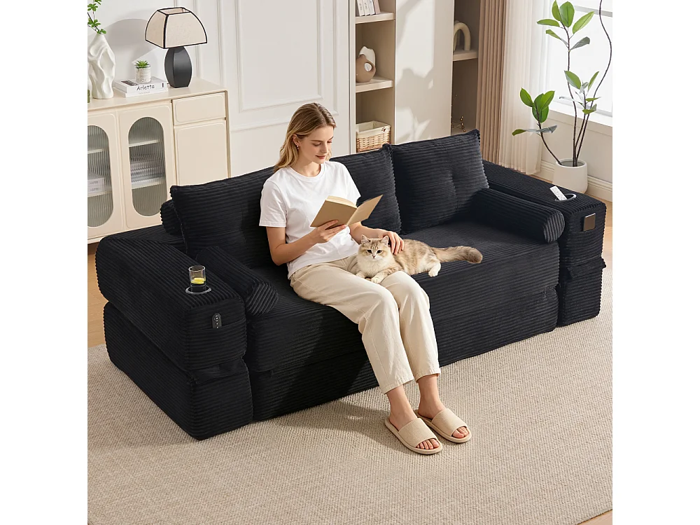 Canapé Convertible 3 Places en Velours Côtelé avec Ressorts, Mémoire de Forme, Couchage et Rangement