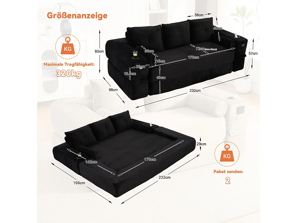 Canapé Convertible 3 Places en Velours Côtelé avec Ressorts, Mémoire de Forme, Couchage et Rangement