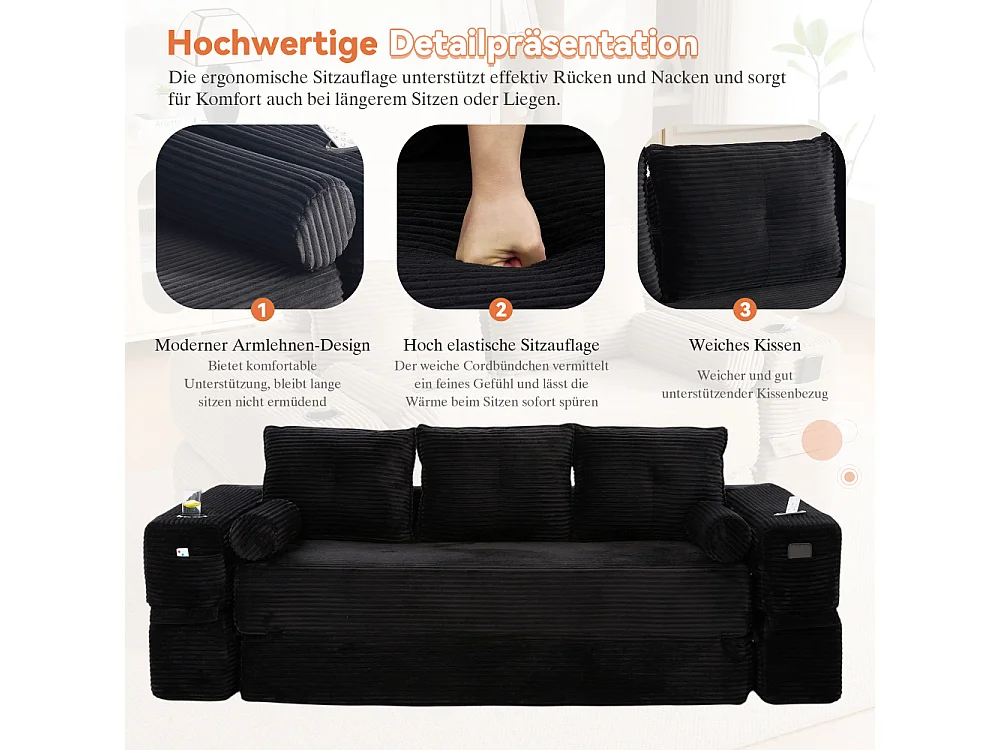 Canapé Convertible 3 Places en Velours Côtelé avec Ressorts, Mémoire de Forme, Couchage et Rangement