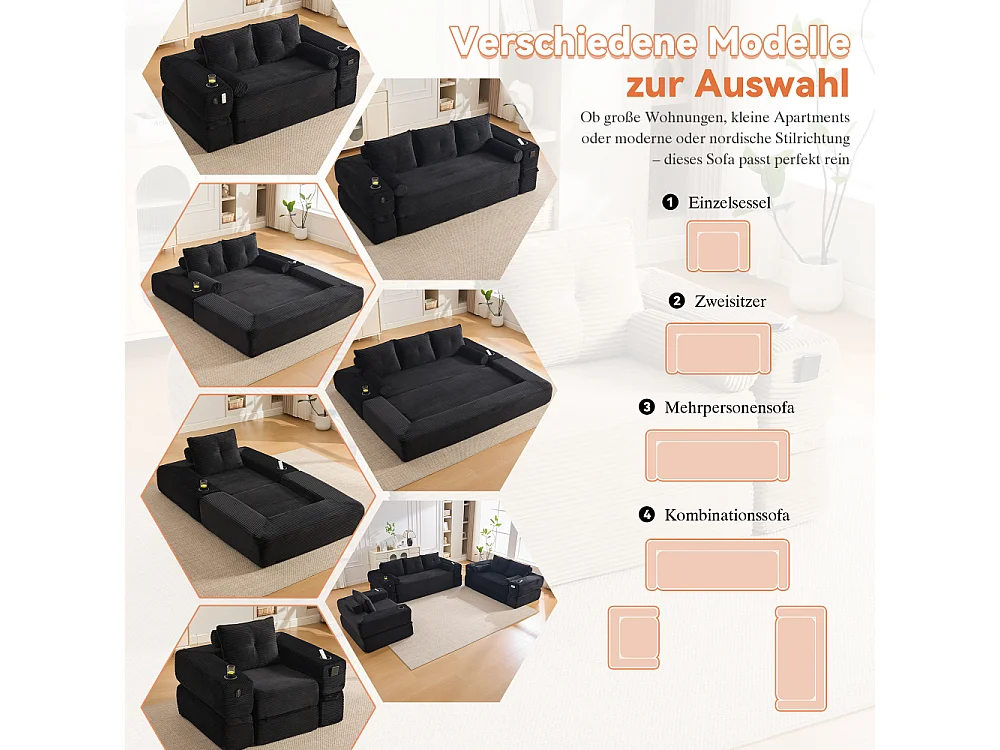 Canapé Convertible 3 Places en Velours Côtelé avec Ressorts, Mémoire de Forme, Couchage et Rangement