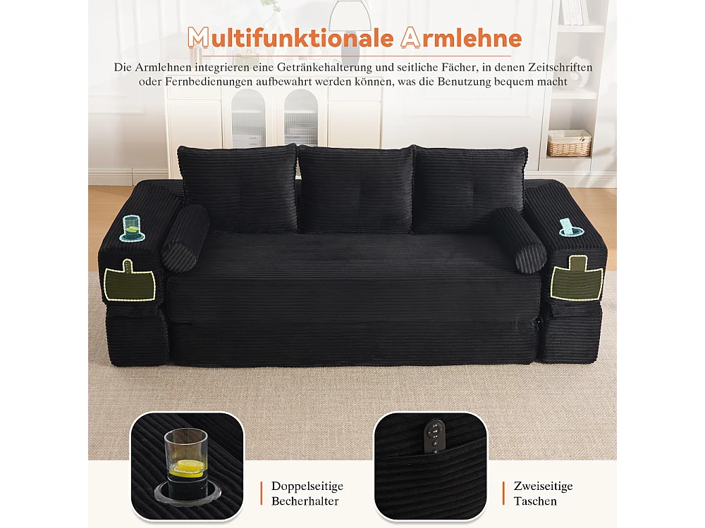 Canapé Convertible 3 Places en Velours Côtelé avec Ressorts, Mémoire de Forme, Couchage et Rangement