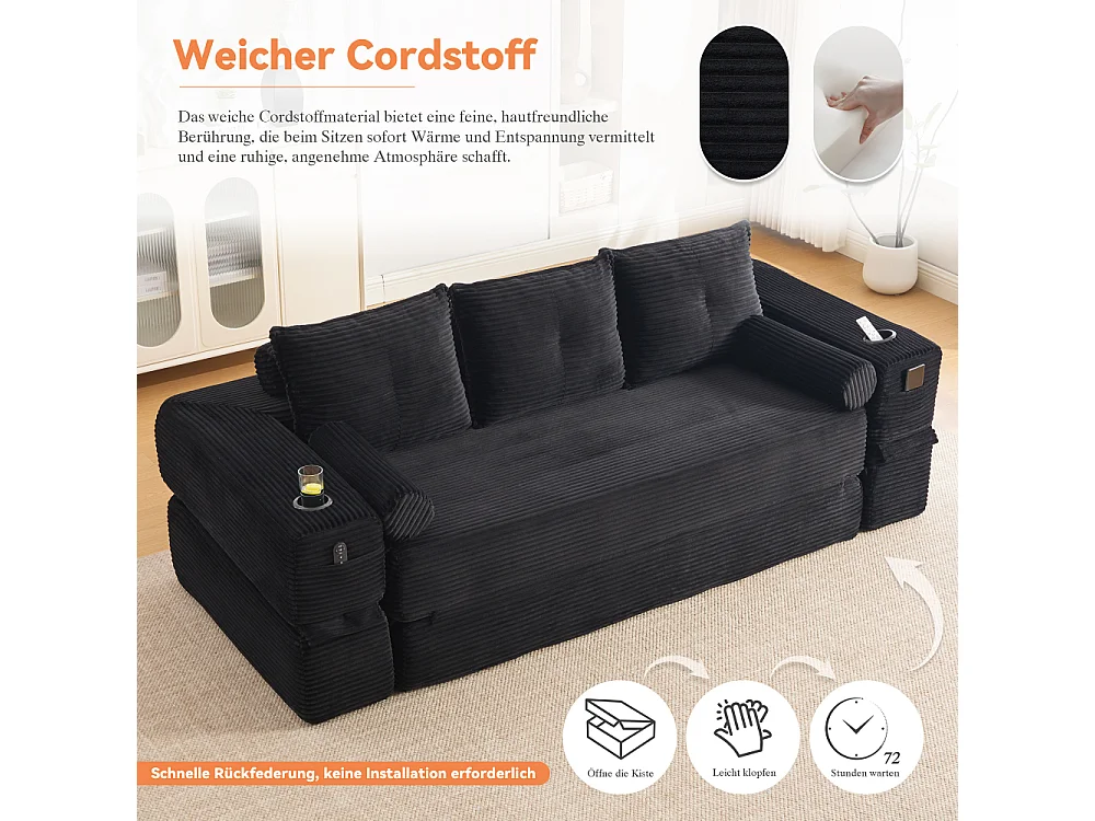 Canapé Convertible 3 Places en Velours Côtelé avec Ressorts, Mémoire de Forme, Couchage et Rangement