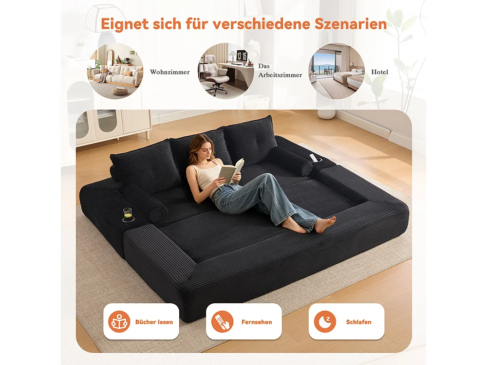 Canapé Convertible 3 Places en Velours Côtelé avec Ressorts, Mémoire de Forme, Couchage et Rangement