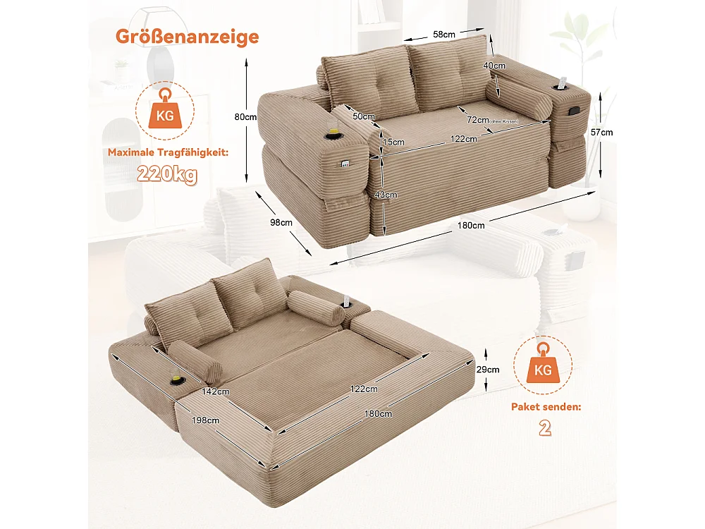 Canapé convertible en velours côtelé 2 places avec fonction lit, ressorts ensachés, mousse à mémoire de forme, poches et porte-gobelets