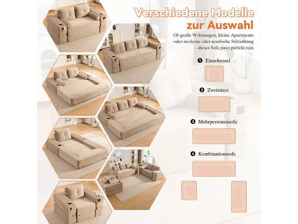 Canapé convertible en velours côtelé 2 places avec fonction lit, ressorts ensachés, mousse à mémoire de forme, poches et porte-gobelets
