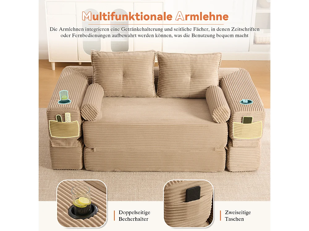 Canapé convertible en velours côtelé 2 places avec fonction lit, ressorts ensachés, mousse à mémoire de forme, poches et porte-gobelets