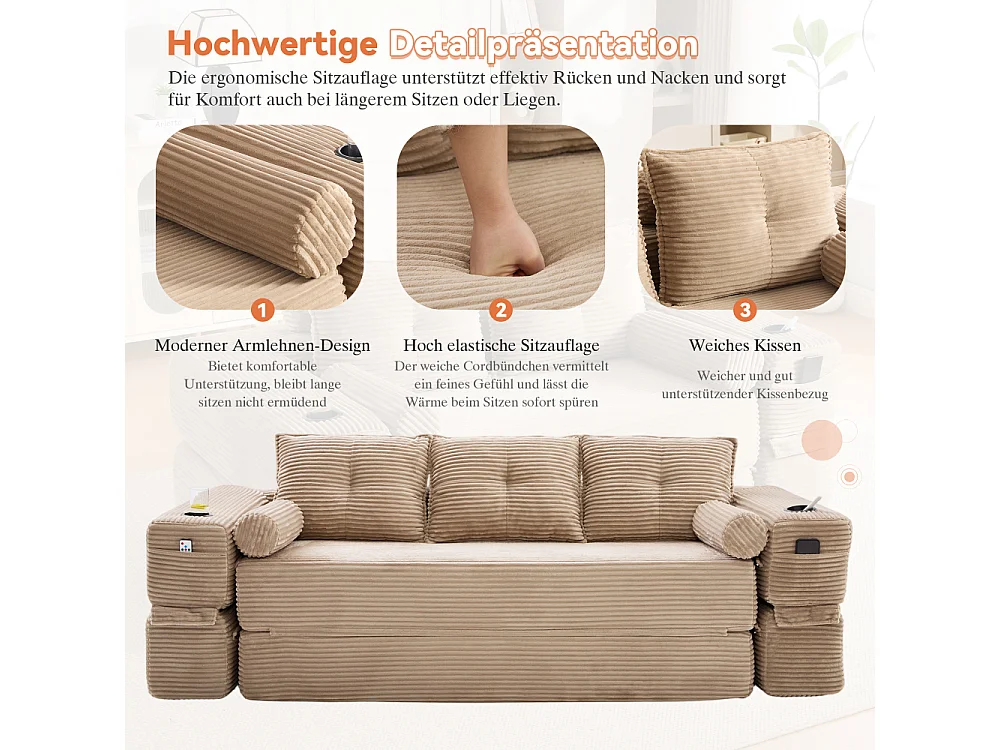 Canapé Convertible 3 Places en Velours Côtelé avec Ressorts, Mémoire de Forme, Couchage et Rangement