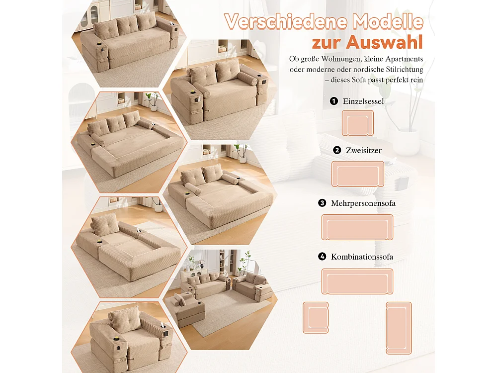 Canapé Convertible 3 Places en Velours Côtelé avec Ressorts, Mémoire de Forme, Couchage et Rangement