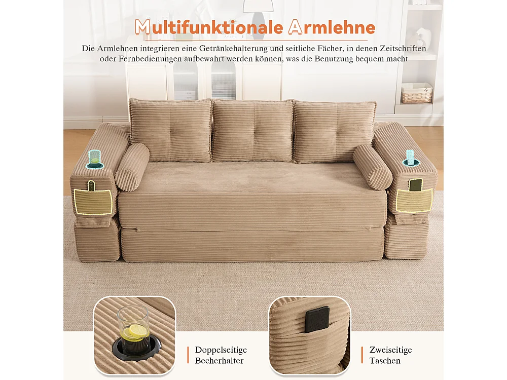 Canapé Convertible 3 Places en Velours Côtelé avec Ressorts, Mémoire de Forme, Couchage et Rangement
