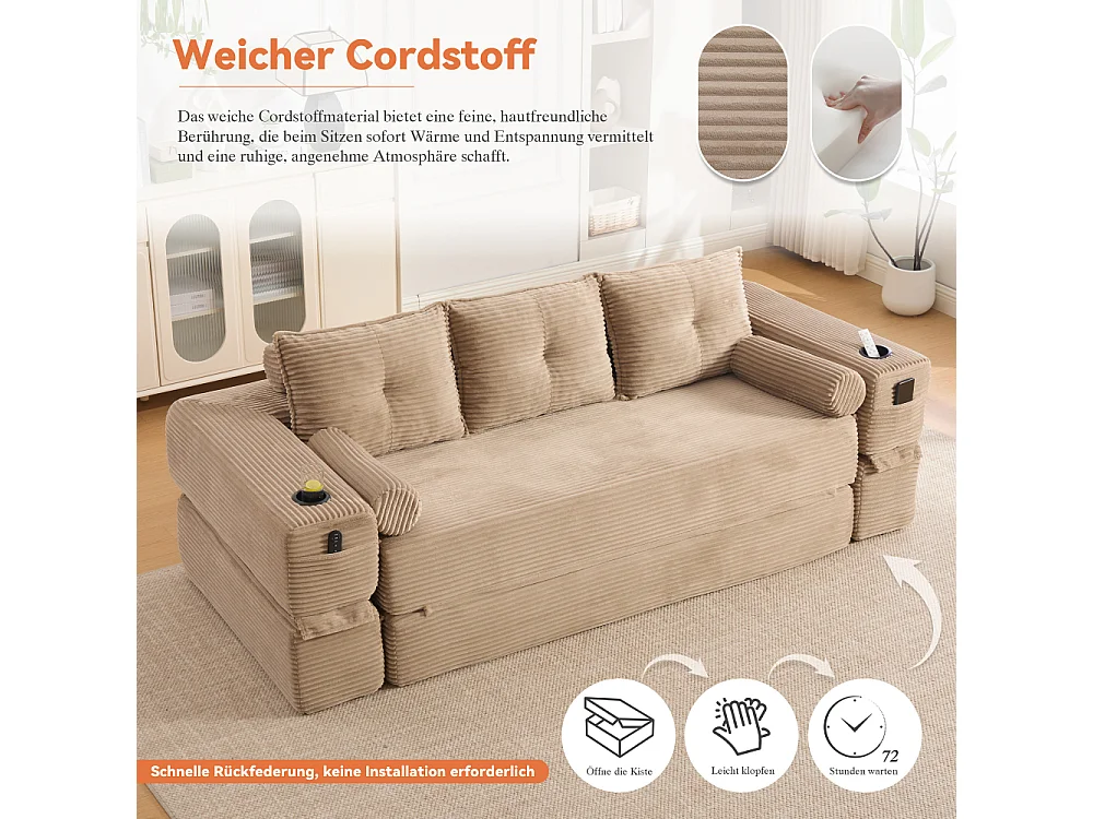 Canapé Convertible 3 Places en Velours Côtelé avec Ressorts, Mémoire de Forme, Couchage et Rangement