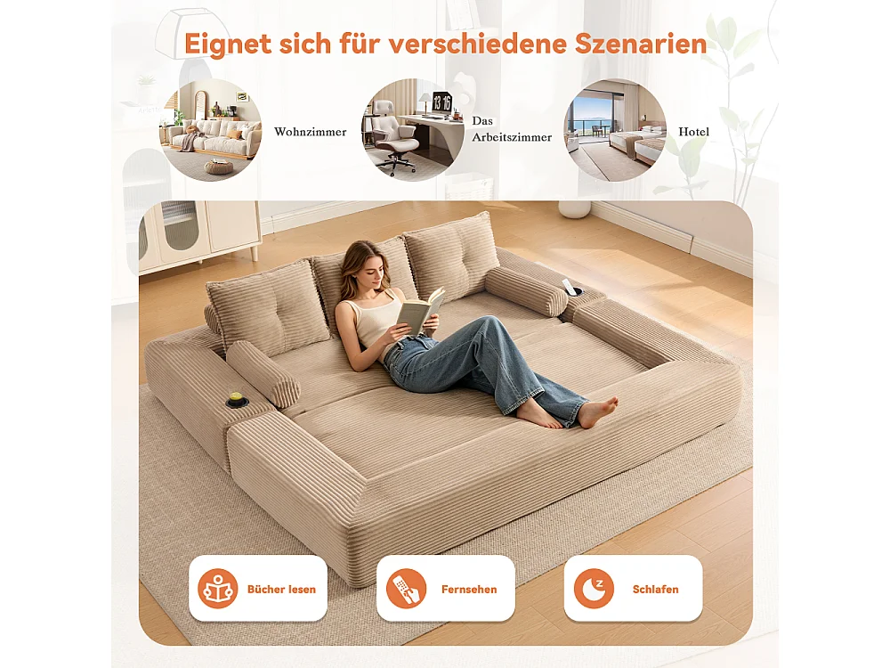 Canapé Convertible 3 Places en Velours Côtelé avec Ressorts, Mémoire de Forme, Couchage et Rangement