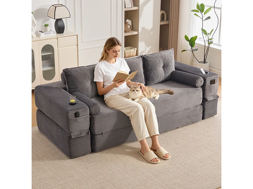 Canapé Convertible 3 Places en Velours Côtelé avec Ressorts, Mémoire de Forme, Couchage et Rangement