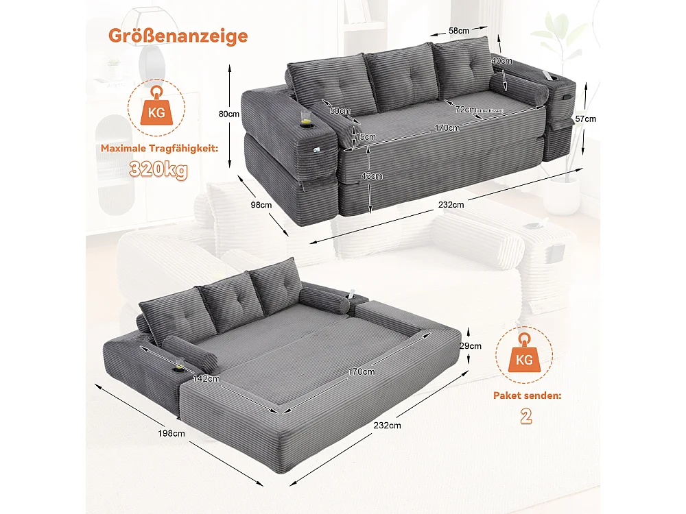 Canapé Convertible 3 Places en Velours Côtelé avec Ressorts, Mémoire de Forme, Couchage et Rangement