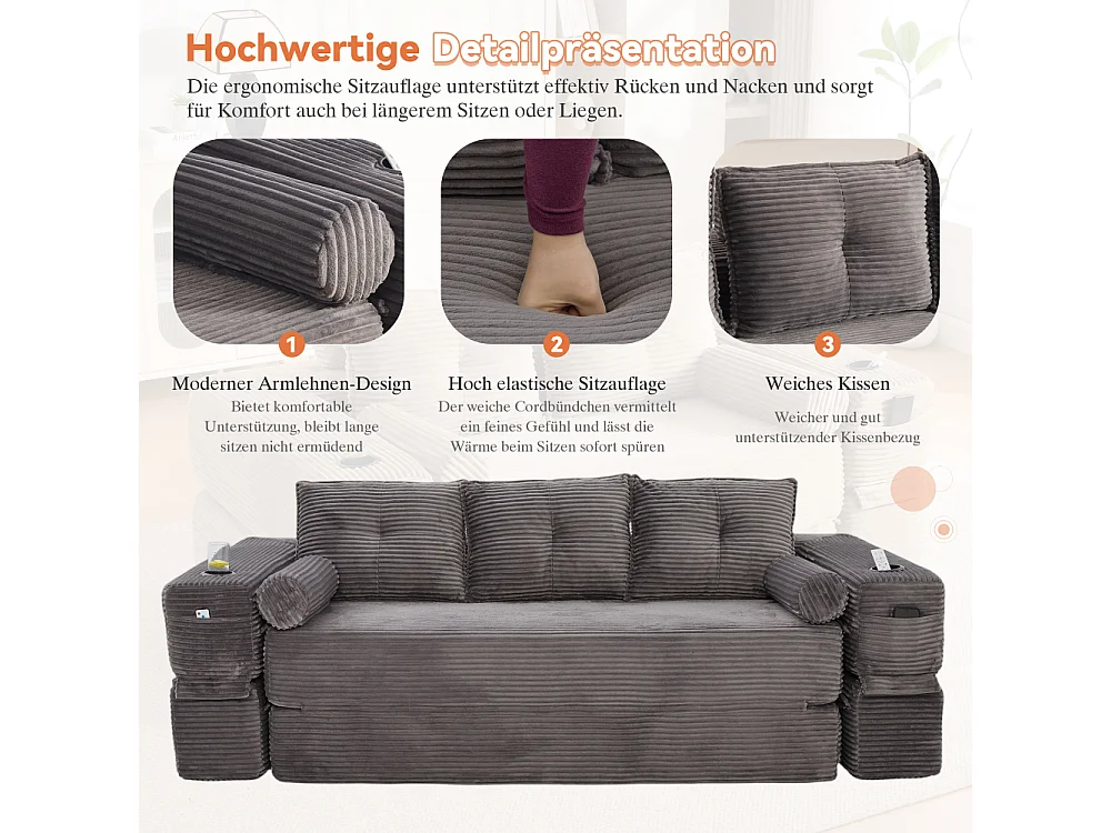 Canapé Convertible 3 Places en Velours Côtelé avec Ressorts, Mémoire de Forme, Couchage et Rangement