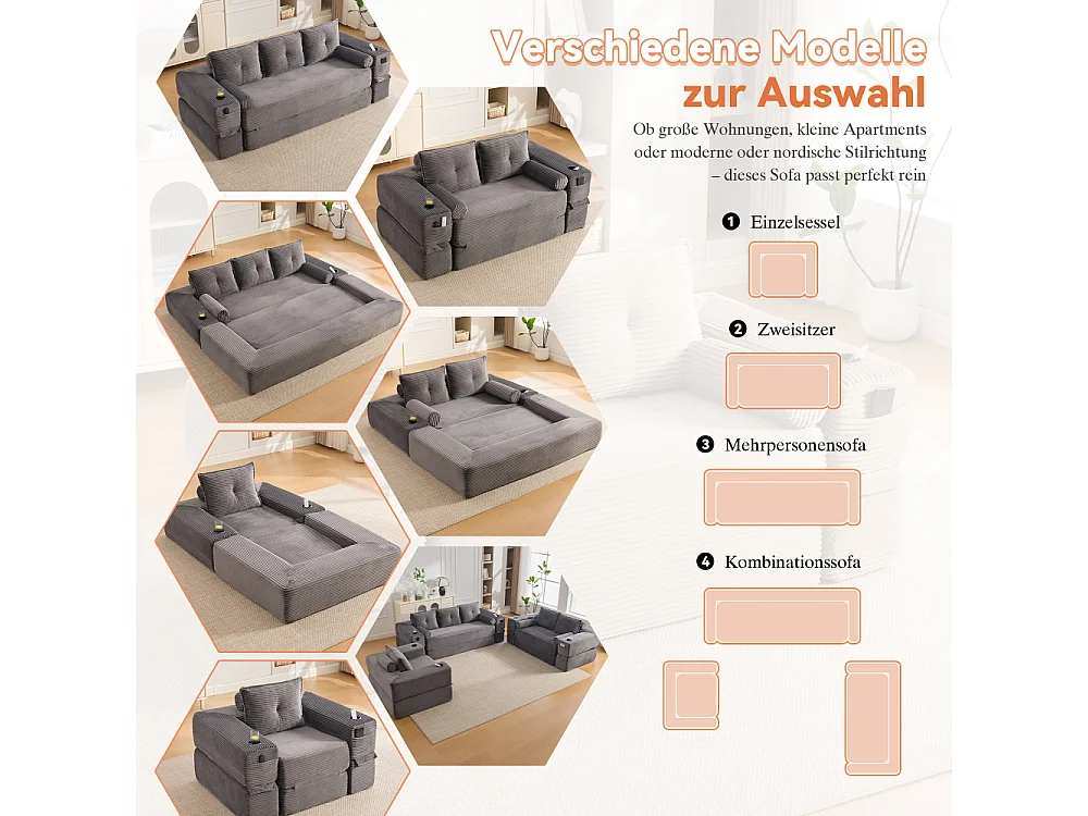 Canapé Convertible 3 Places en Velours Côtelé avec Ressorts, Mémoire de Forme, Couchage et Rangement