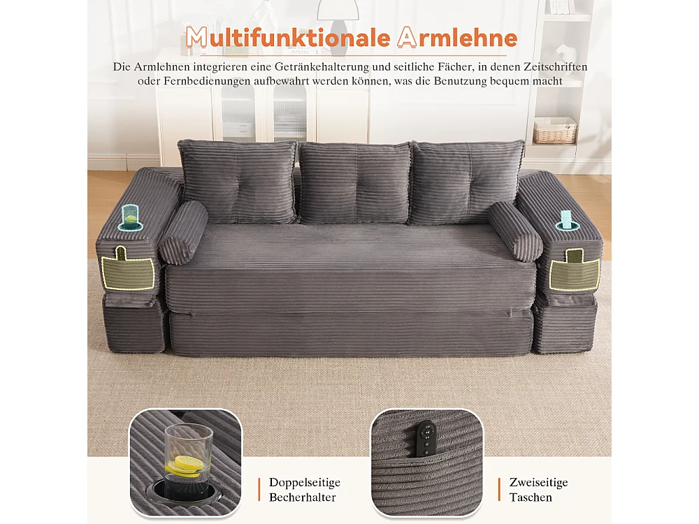 Canapé Convertible 3 Places en Velours Côtelé avec Ressorts, Mémoire de Forme, Couchage et Rangement