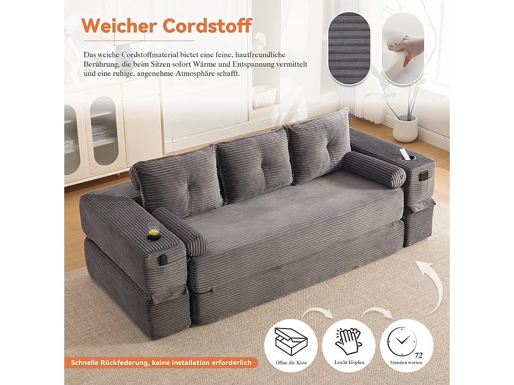 Canapé Convertible 3 Places en Velours Côtelé avec Ressorts, Mémoire de Forme, Couchage et Rangement
