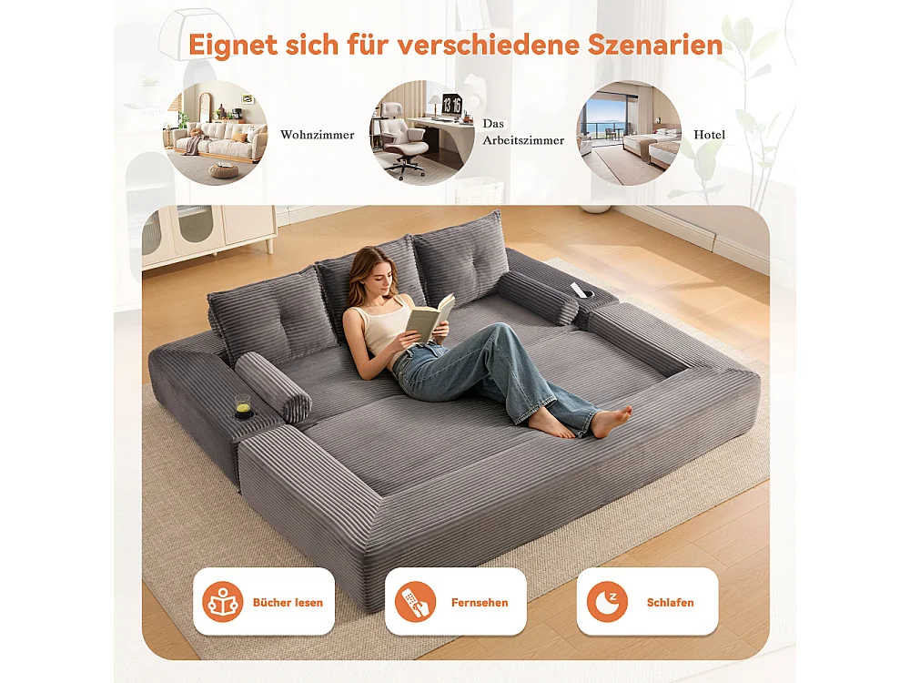 Canapé Convertible 3 Places en Velours Côtelé avec Ressorts, Mémoire de Forme, Couchage et Rangement
