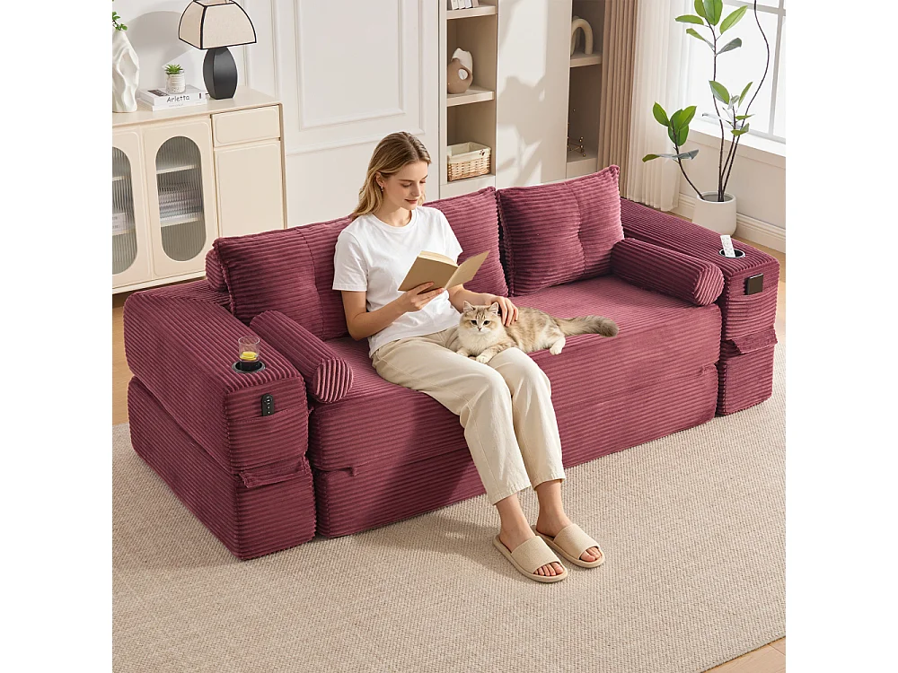 Canapé Convertible 3 Places en Velours Côtelé avec Ressorts, Mémoire de Forme, Couchage et Rangement
