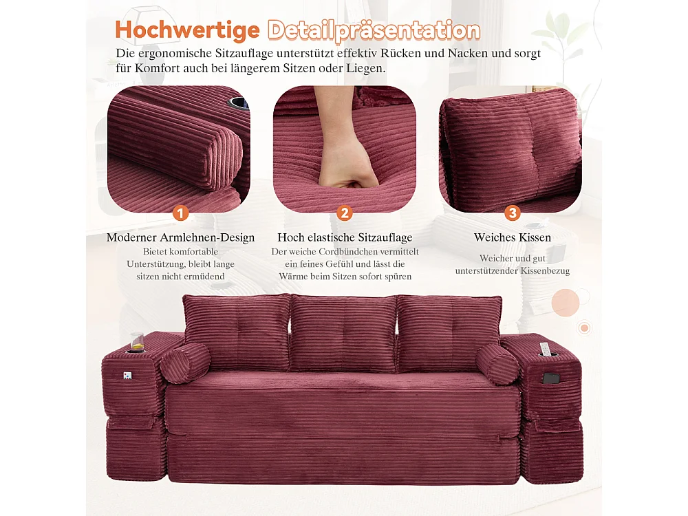 Canapé Convertible 3 Places en Velours Côtelé avec Ressorts, Mémoire de Forme, Couchage et Rangement